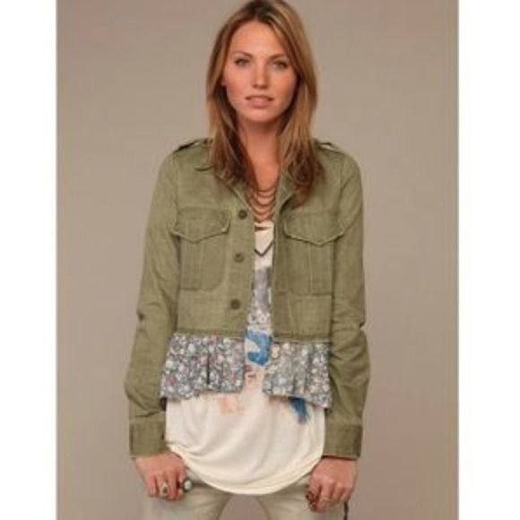 Free People Jackets & Blazers - Free People green boho jacket with floral trim
